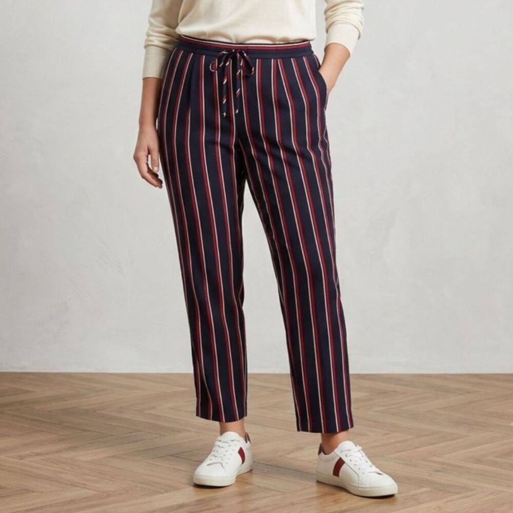 Banana Republic Striped Pants Size 4 Navy Blue Red White Ankle Drawstring Pleat - Picture 1 of 10